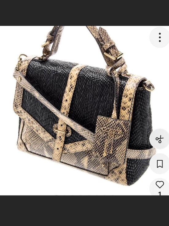 Tory Burch Handbags - Tory Burch Black and Beige Snake-Trim Raffia Structured Satchel Handbag